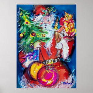 Póster Papai Noel com árvore de Natal e presentes