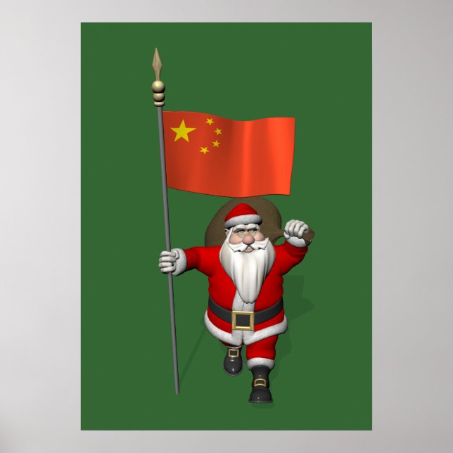 Póster Papai Noel Com Bandeira Da China (Frente)