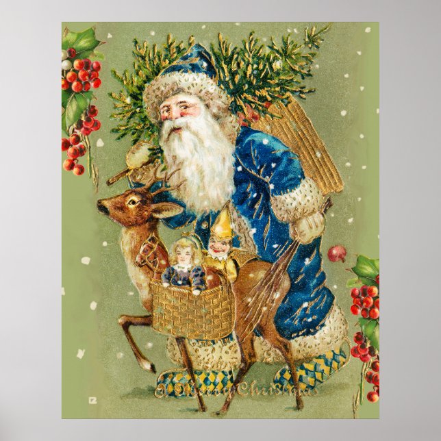 Poster Papai Noel com veados e presentes de Natal na neve (Frente)