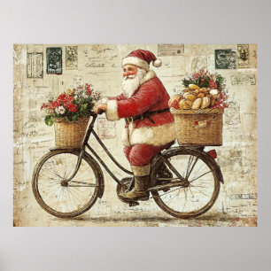 Poster Papai Noel de bicicleta, vintage,