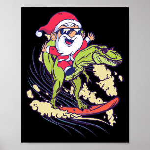 Poster Papai Noel Dinossauro Surfando T-rex Dino Verão Na
