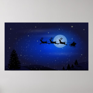 Póster Papai noel do vôo e suas renas na noite