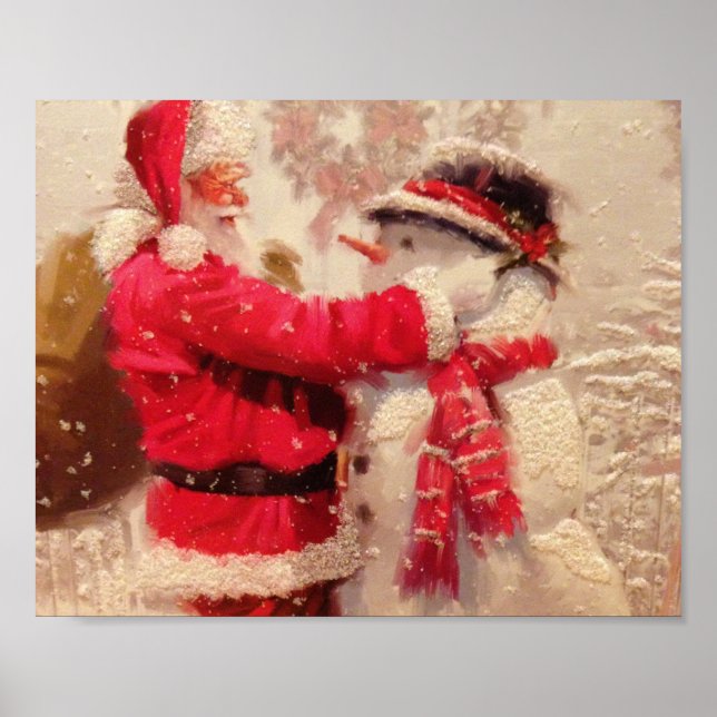 Poster Papai Noel e boneco de neve na neve (Frente)