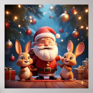 Poster Papai Noel e Dois Coelhos Alegres