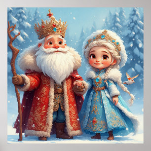 Poster Papai Noel e Donzela de Neve Celebrando o Natal