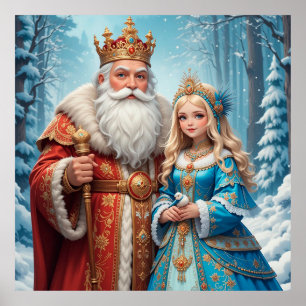 Poster Papai Noel e Donzela de Neve Celebrando o Natal