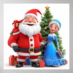 Poster Papai Noel e Donzela de Neve Celebrando o Natal