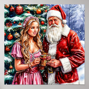 Poster Papai Noel e Donzela de Neve Natal Festivo