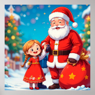 Poster Papai Noel e Menina com um Saco de Presentes
