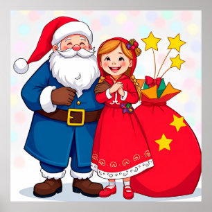 Poster Papai Noel e Menina com um Saco de Presentes