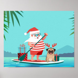 Poster Papai Noel e o Pug dele no surfboard