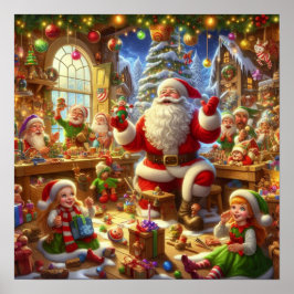 Poster Papai Noel em sua Oficina de Natal com Brinquedos 