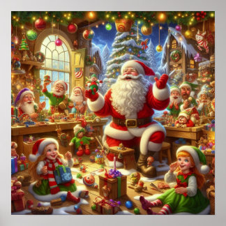 Poster Papai Noel em sua Oficina de Natal com Brinquedos