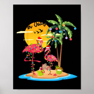 Poster Papai Noel Engraçado Flamingo Rosa Palmeira Natal 