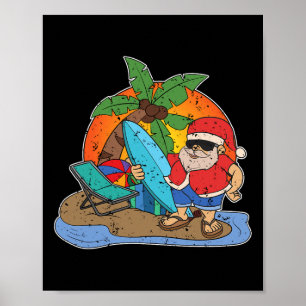 Poster Papai Noel Engraçado Pôr do Sol Surfista Havaiano