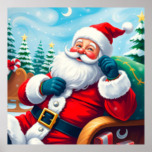 Poster Papai Noel Feliz Relaxando no Trenó Festivo