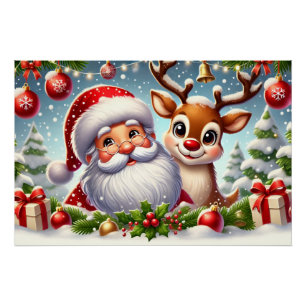 Póster Papai Noel Festivo e Reindeer no Natal