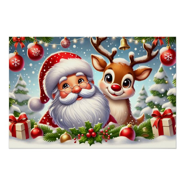 Póster Papai Noel Festivo e Reindeer no Natal (Frente)