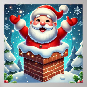 Poster Papai Noel Festivo Emergindo da Chaminé