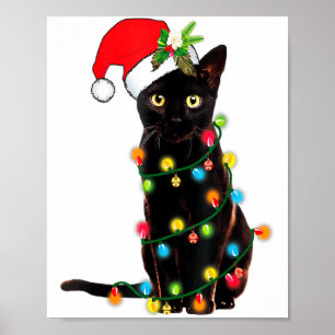 Poster Papai Noel Gato Preto Enroscado Em Luzes De Natal