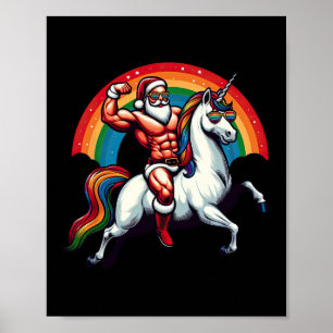 Poster Papai Noel Gay Montado em Unicórnio Mostra Músculo