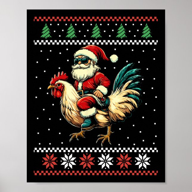 Poster Papai Noel montado em frango suéter feio de Natal  (Frente)