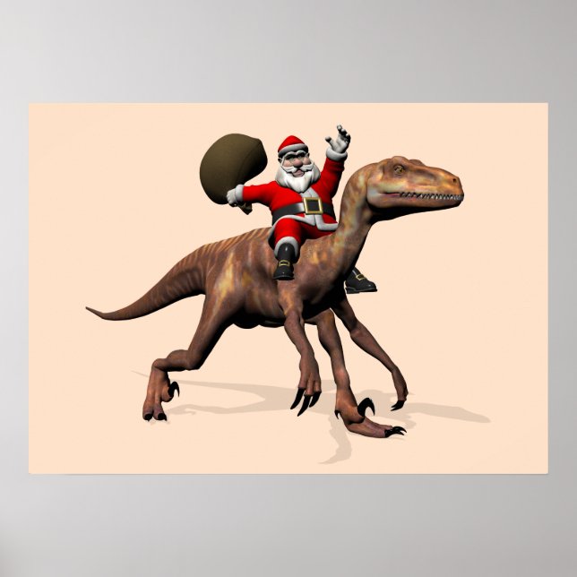 Poster Papai Noel Montado num Deinonychus (Frente)