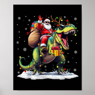 Poster Papai Noel montando dinossauro T Rex Natal Meninos