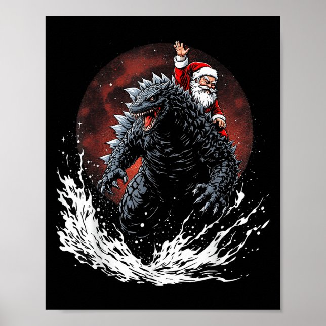 Poster Papai Noel Montando o Monstro Japonês Kaiju para C (Frente)