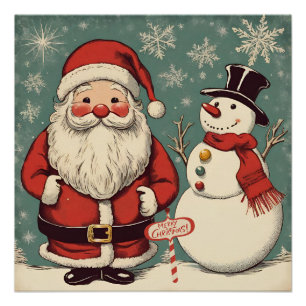 Póster Papai Noel Natal e Homem de Neve