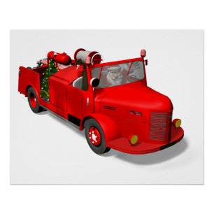 Póster Papai Noel que conduz um carro de bombeiros