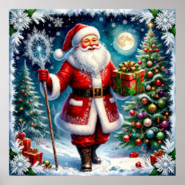 Poster Papai Noel segurando um presente em um Natal mágic