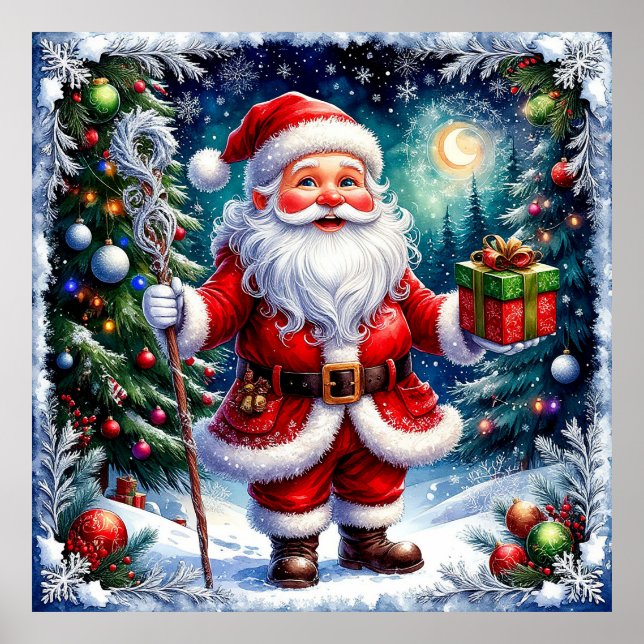 Poster Papai Noel segurando um presente em um Natal mágic (Frente)