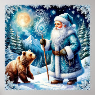 Poster Papai Noel tradicional em cena de inverno festivo