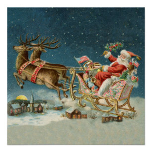 Póster Papai Noel Trenó Antigo Natal Rena