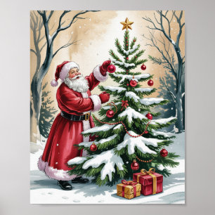 Poster Papai Noel Vintage decorando a árvore de Natal