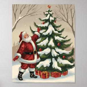 Poster Papai Noel Vintage Decorando Árvore de Natal