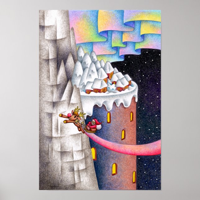 Poster Papai Noel Voador e um país coberto de neve. (Frente)