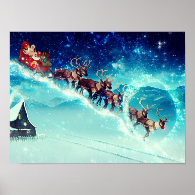 Poster Papai Noel voando com Reindeer (Frente)