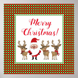 Poster Papai Noel Xadrez Vermelho e Verde de Natal Rena