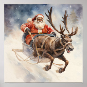 Poster Papais noeis Africanos Reindeer Voando Sleigh