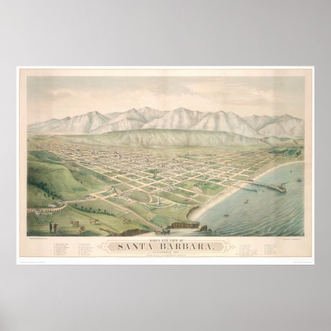 Poster Papais noeis Barbara, CA. Mapa Panorâmico 1877 (15 (Frente)
