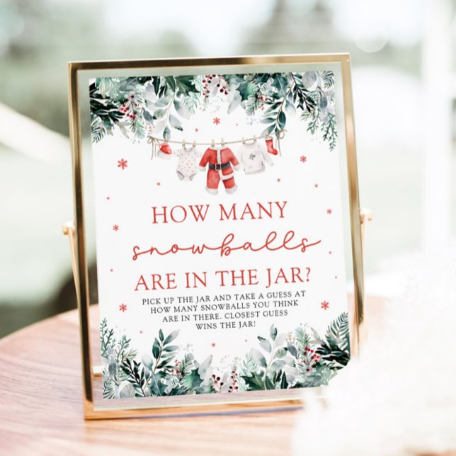 Poster Papais noeis Bebê adivinha quantas bolas de neve C (Watercolor Christmas Red Santa Baby Dont Say Baby Baby Shower Sign)