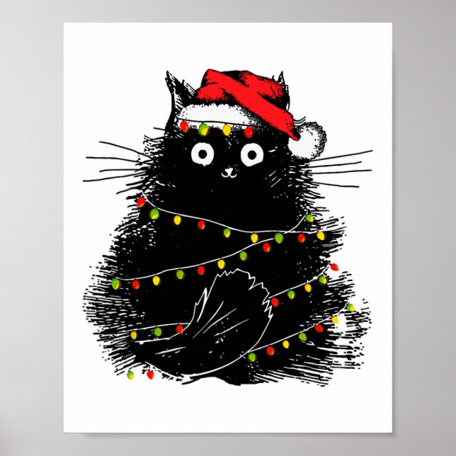 Poster papais noeis de gato preto enredado na luz da árvo (Frente)