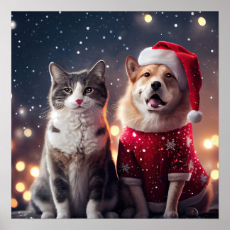 Poster Papais noeis de Natal Amigos de Gato e Cão