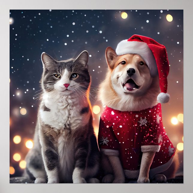 Poster Papais noeis de Natal Amigos de Gato e Cão (Frente)