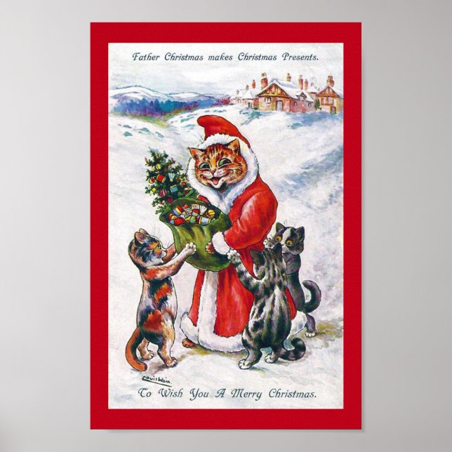 Poster Papais noeis de Natal Cat, Louis Wain (Frente)