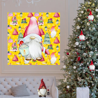Poster Papais noeis de Natal Gnome e padrão amarelo