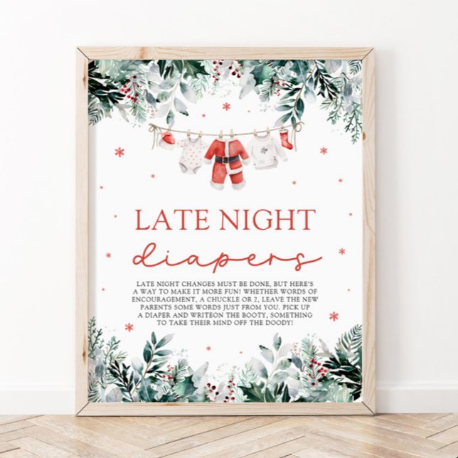 Poster Papais noeis de Natal Vermelhas Chás de fraldas No (Watercolor Red Christmas Santa Baby Shower Late Night Diapers Sign)