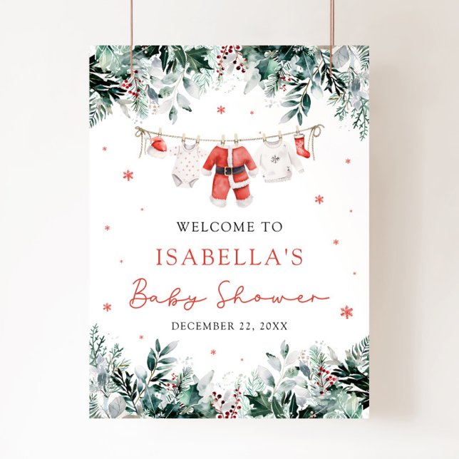 Poster Papais noeis de Natal Vermelho Chá de fraldas de B (Watercolor Red Christmas Santa Baby Baby Shower Welcome Sign)